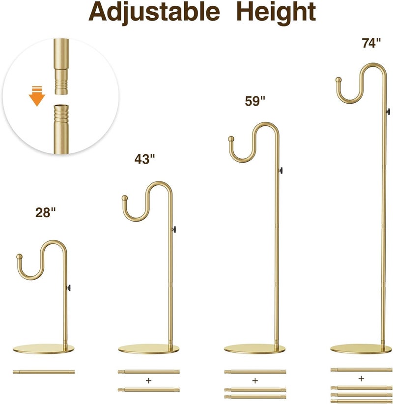 saffruff 74" Gold Shepherds Hook Stand–Adjustable Free Standing Pole Holder for Hanging Bird Feeders, Plants, Lanterns, Wreaths, and Wind Chimes, Heavy Duty Base for Indoor & Outdoor Use, Holds Up to 20 LBS - Image 3